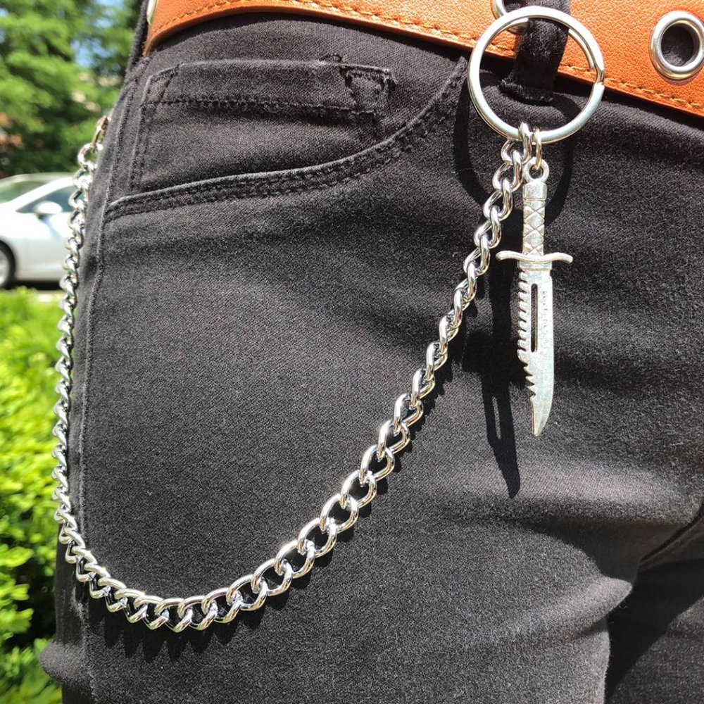 Chunky Big Knife Sword O Rings Cuban Punk Rock side Wallet waist chain belt 15"